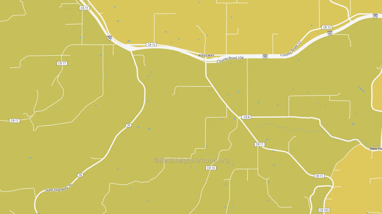 Map of the best neighborhoods in the Ridgeway area, with better matches in green and worse matches in red