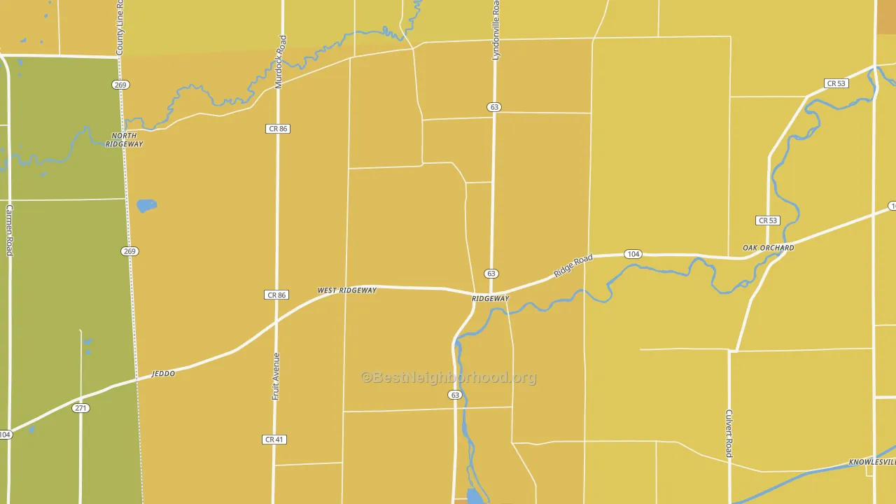 Map of the best neighborhoods in the Ridgeway area, with better matches in green and worse matches in red