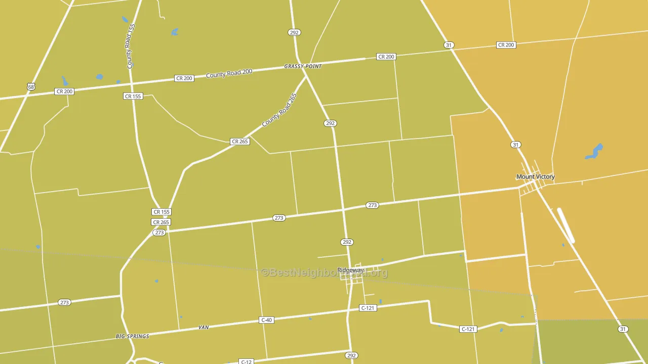 Map of the best neighborhoods in the Ridgeway area, with better matches in green and worse matches in red