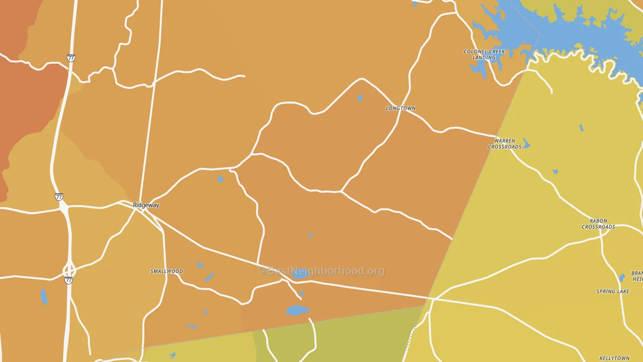 Map of the best neighborhoods in the Ridgeway area, with better matches in green and worse matches in red