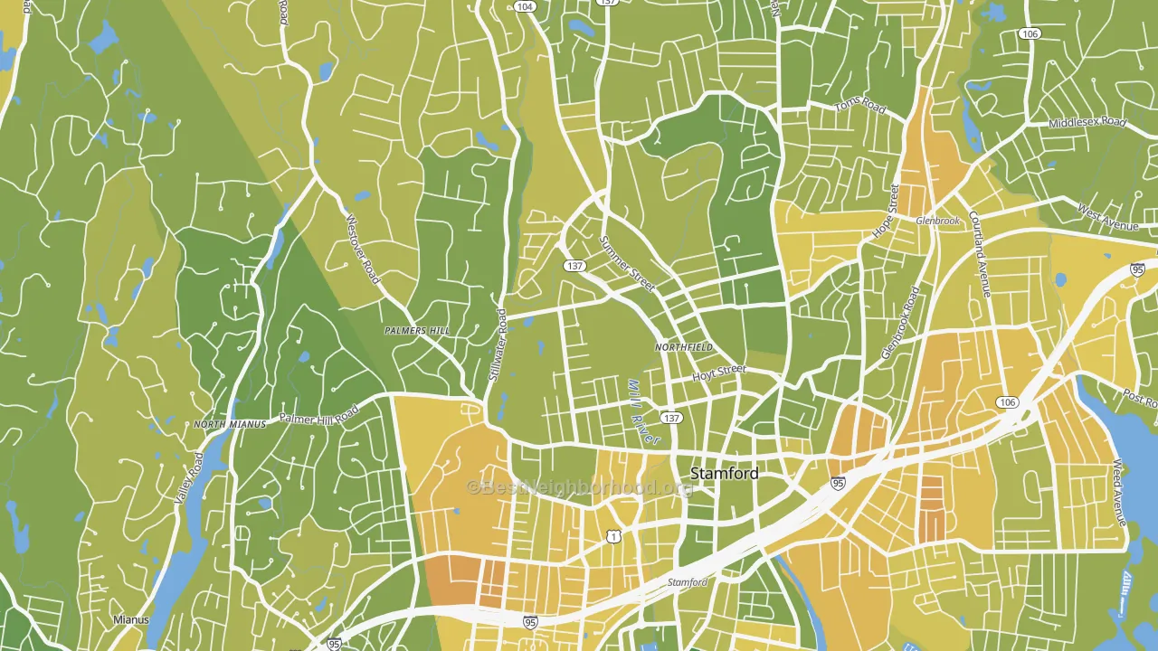 Map of the best neighborhoods in the Ridgeway, Stamford area, with better matches in green and worse matches in red