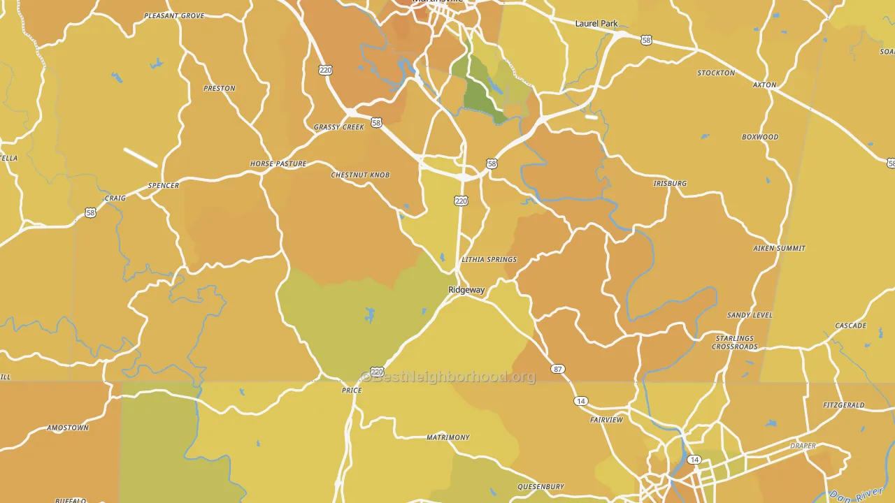 Map of the best neighborhoods in the Ridgeway area, with better matches in green and worse matches in red