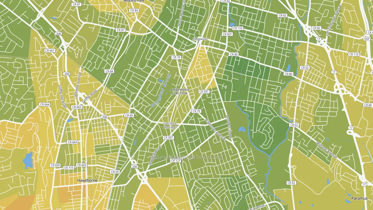 Map of the best neighborhoods in the Ridgewood Junction, Glen Rock area, with better matches in green and worse matches in red