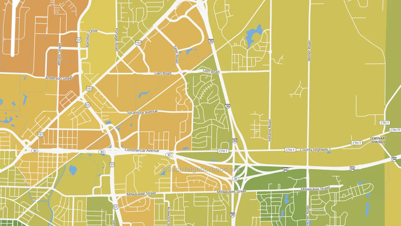 Map of the best neighborhoods in the Ridgewood, Madison area, with better matches in green and worse matches in red