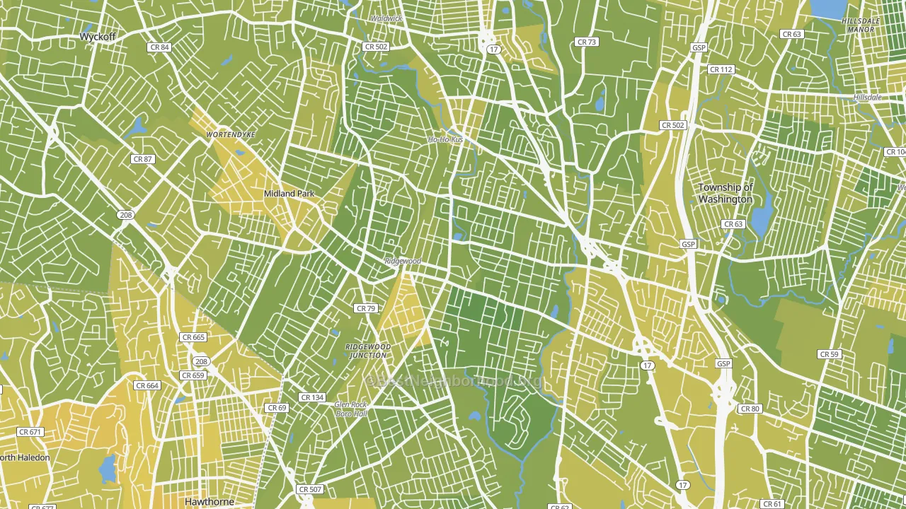 Map of the best neighborhoods in the Ridgewood area, with better matches in green and worse matches in red