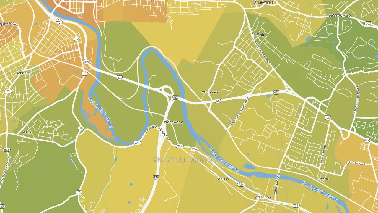 Map of the best neighborhoods in the Ridgewood area, with better matches in green and worse matches in red