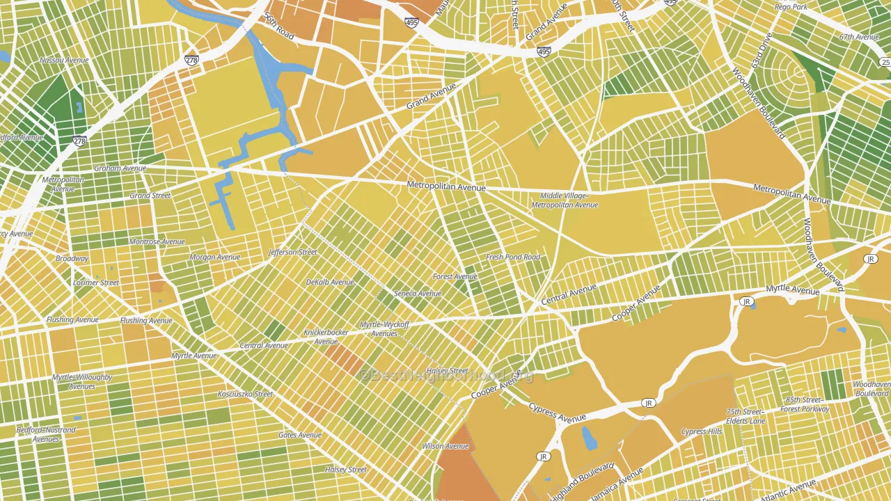 Map of the best neighborhoods in the Ridgewood, Queens area, with better matches in green and worse matches in red