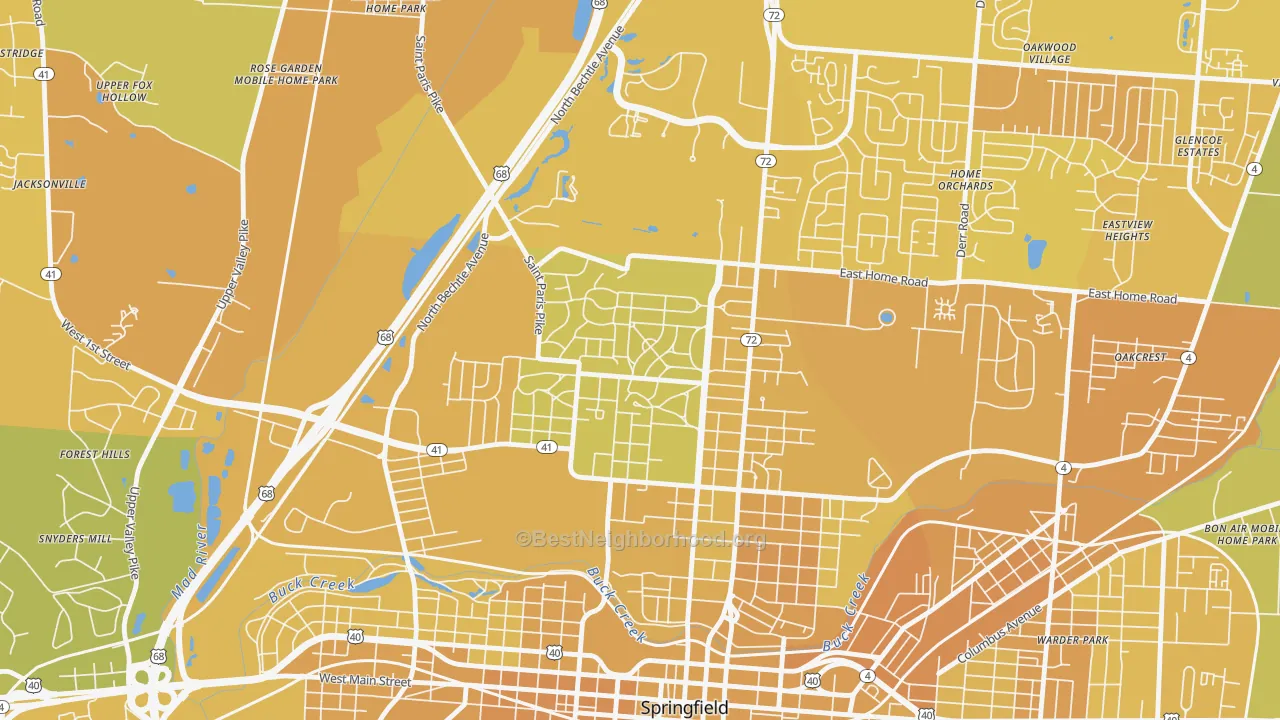 Map of the best neighborhoods in the Ridgewood, Springfield area, with better matches in green and worse matches in red