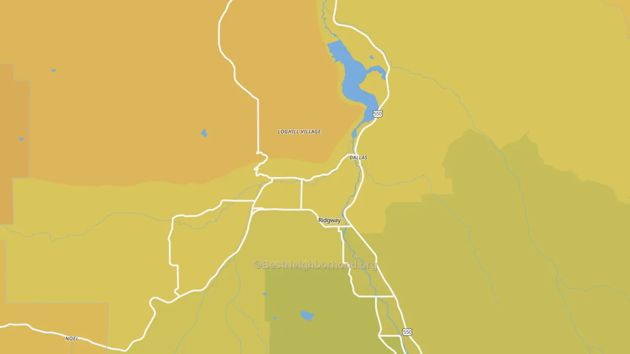 Map of the best neighborhoods in the Ridgway area, with better matches in green and worse matches in red
