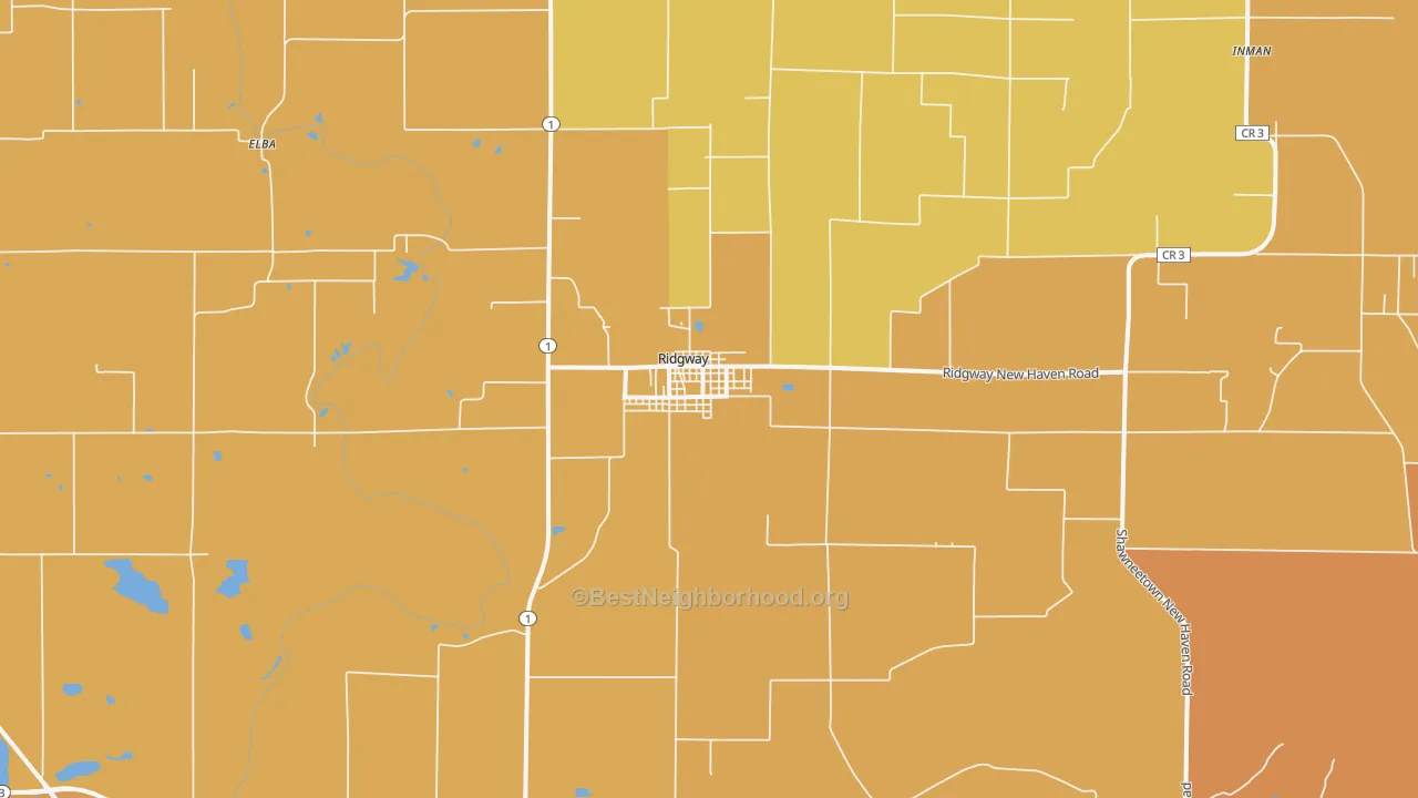 Map of the best neighborhoods in the Ridgway area, with better matches in green and worse matches in red