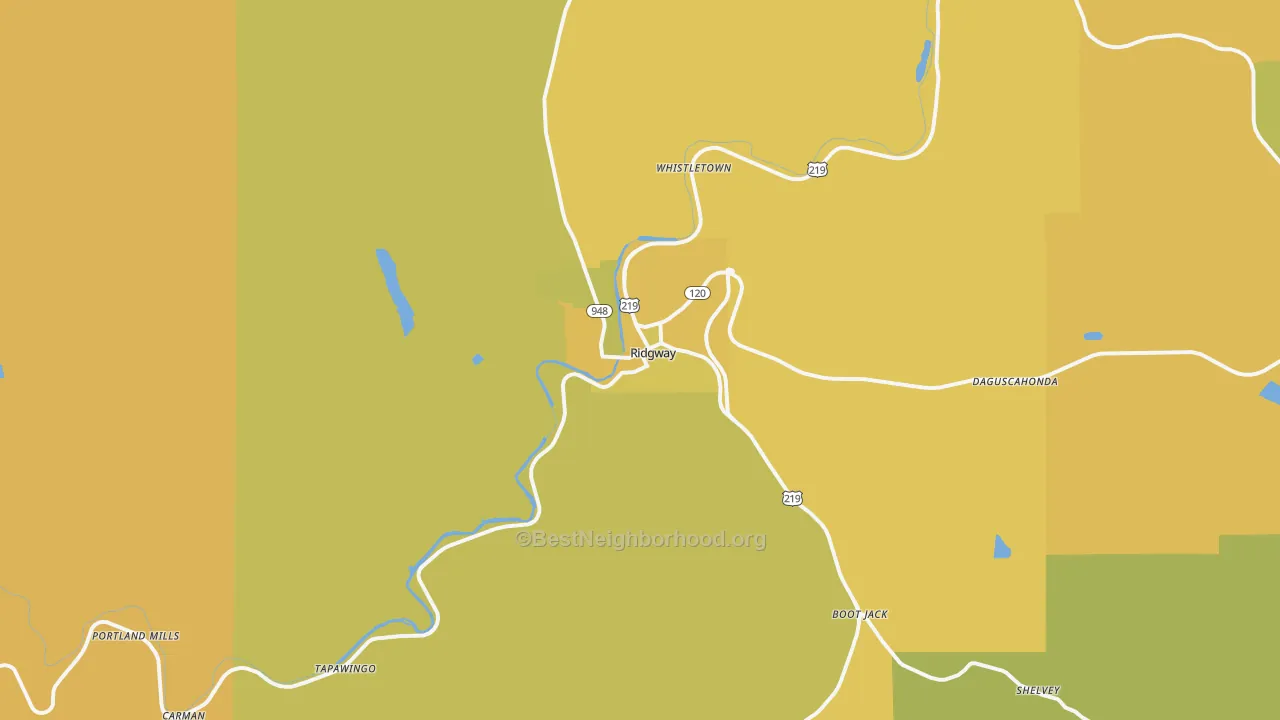 Map of the best neighborhoods in the Ridgway area, with better matches in green and worse matches in red