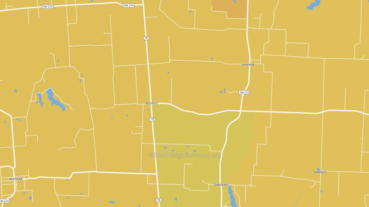 Map of the best neighborhoods in the Ridings area, with better matches in green and worse matches in red