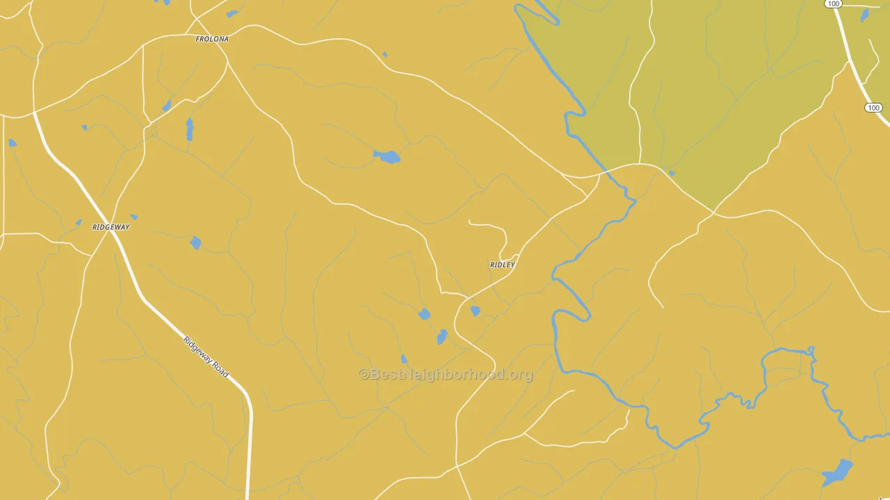 Map of the best neighborhoods in the Ridley area, with better matches in green and worse matches in red