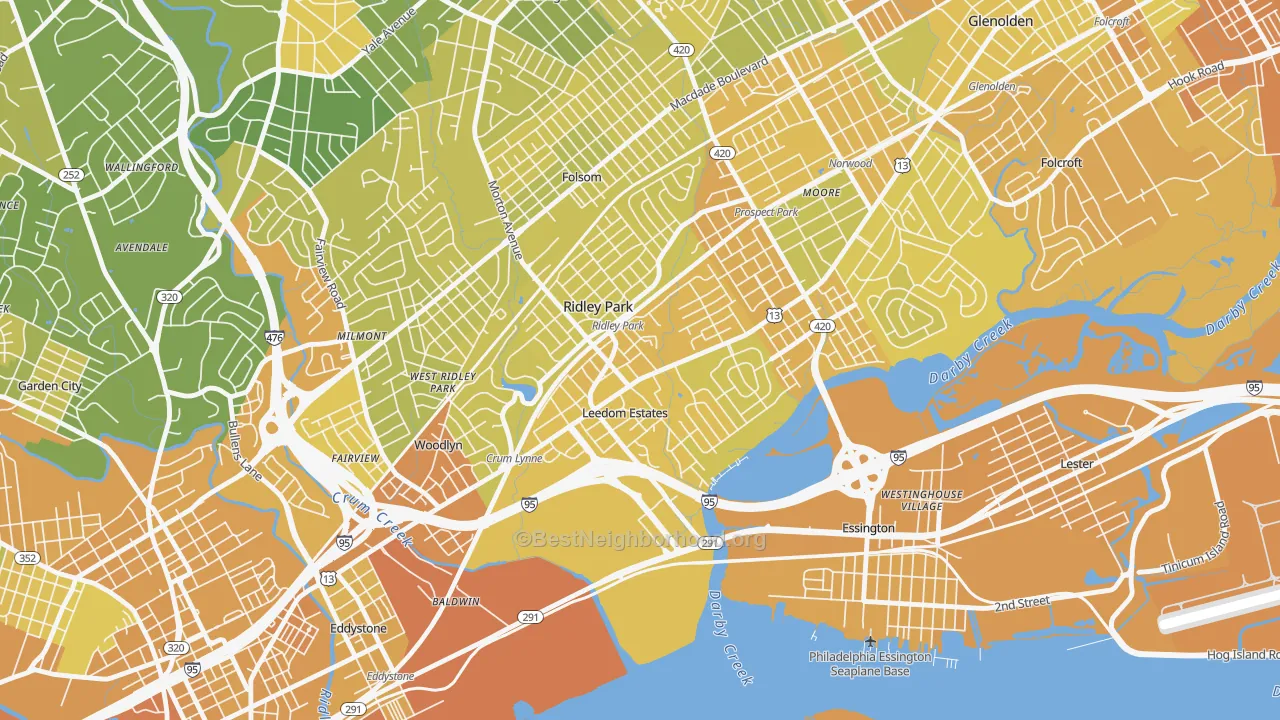 Map of the best neighborhoods in the Ridley Park area, with better matches in green and worse matches in red
