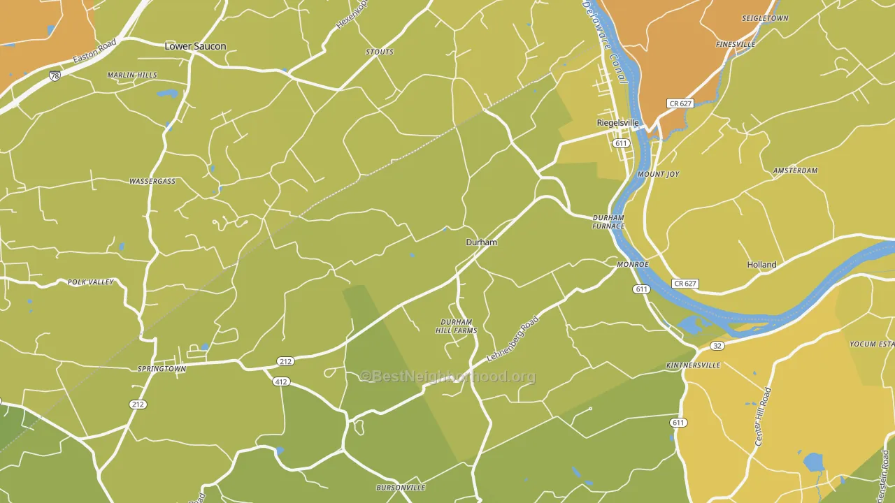 Map of the best neighborhoods in the Riegelsville area, with better matches in green and worse matches in red