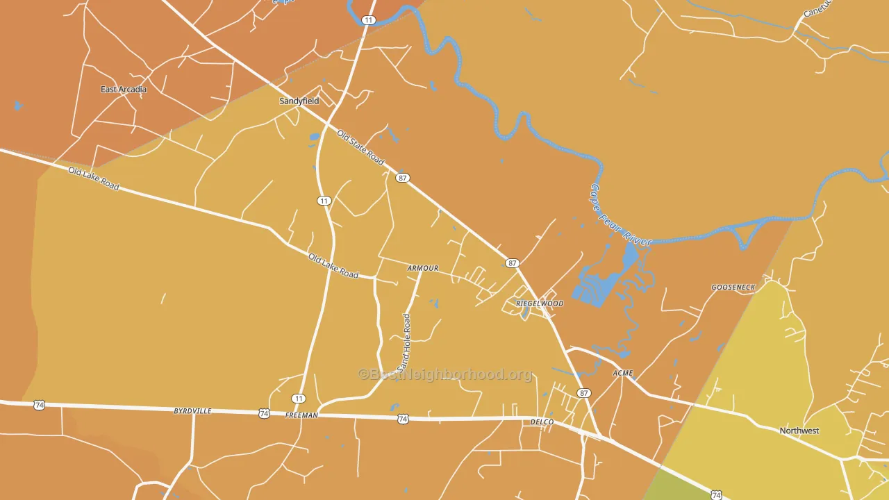 Map of the best neighborhoods in the Riegelwood area, with better matches in green and worse matches in red