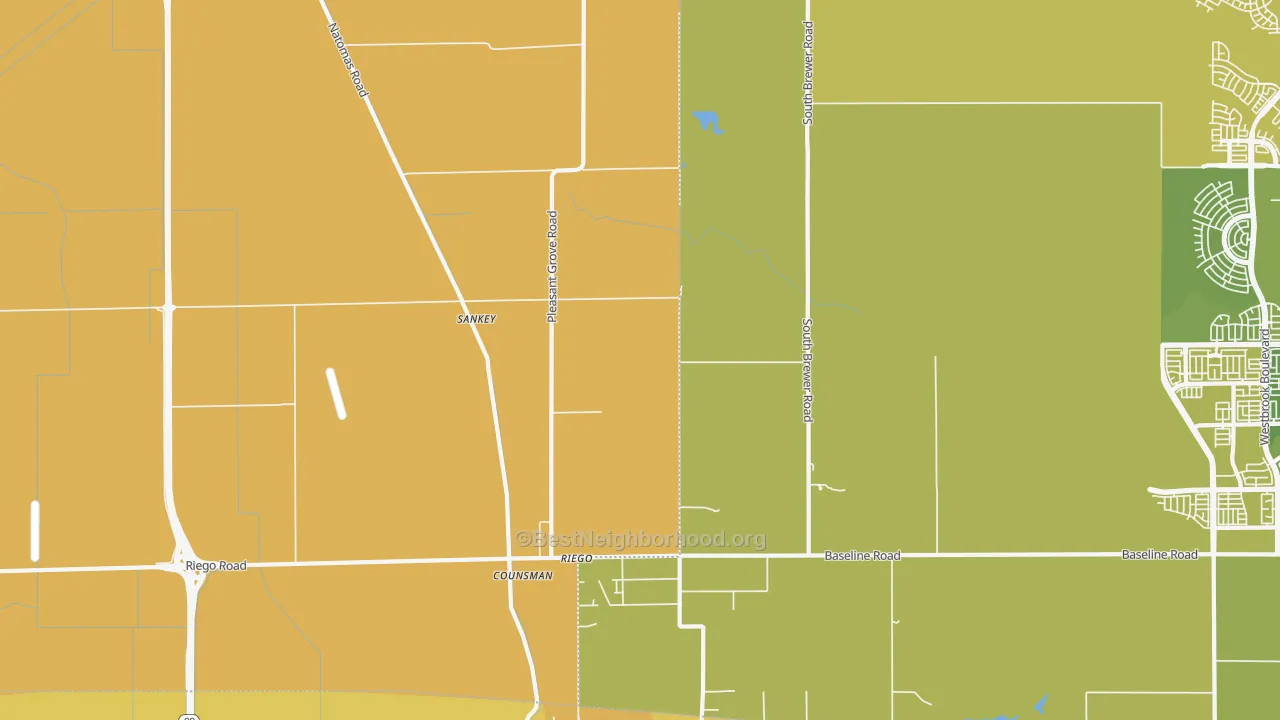 Map of the best neighborhoods in the Riego area, with better matches in green and worse matches in red