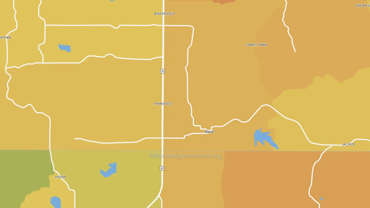 Map of the best neighborhoods in the Rienzi area, with better matches in green and worse matches in red