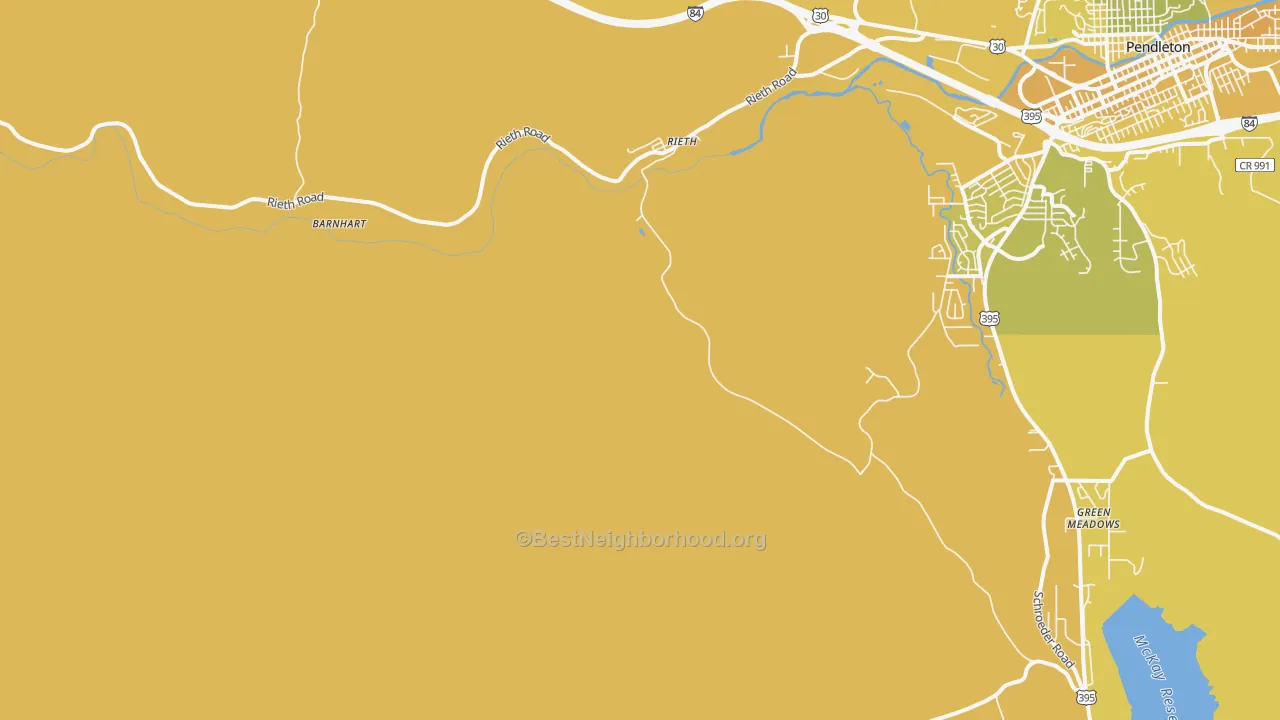 Map of the best neighborhoods in the Rieth area, with better matches in green and worse matches in red