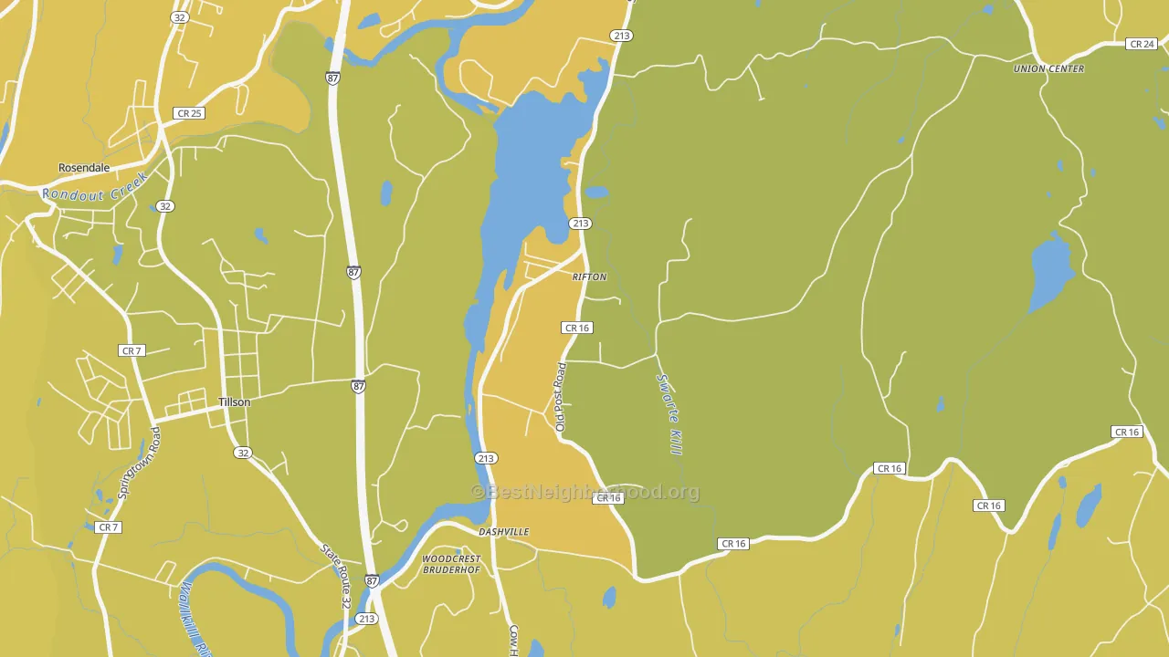 Map of the best neighborhoods in the Rifton area, with better matches in green and worse matches in red