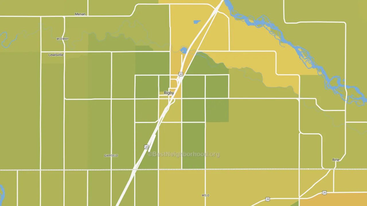 Map of the best neighborhoods in the Rigby area, with better matches in green and worse matches in red