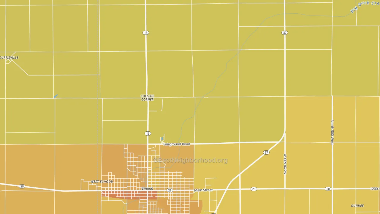 Map of the best neighborhoods in the Rigdon area, with better matches in green and worse matches in red