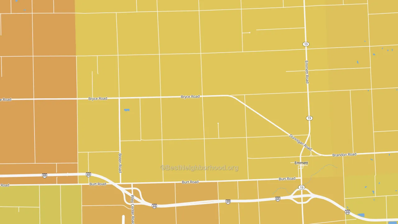 Map of the best neighborhoods in the Riley Center area, with better matches in green and worse matches in red