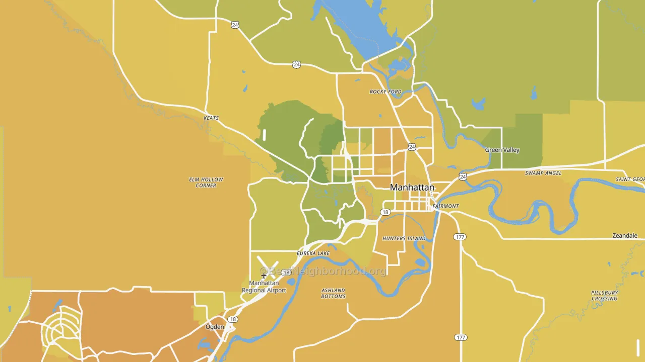 Map of the best neighborhoods in the Riley County area, with better matches in green and worse matches in red