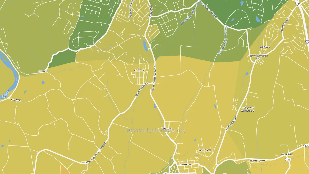 Map of the best neighborhoods in the Rillton area, with better matches in green and worse matches in red