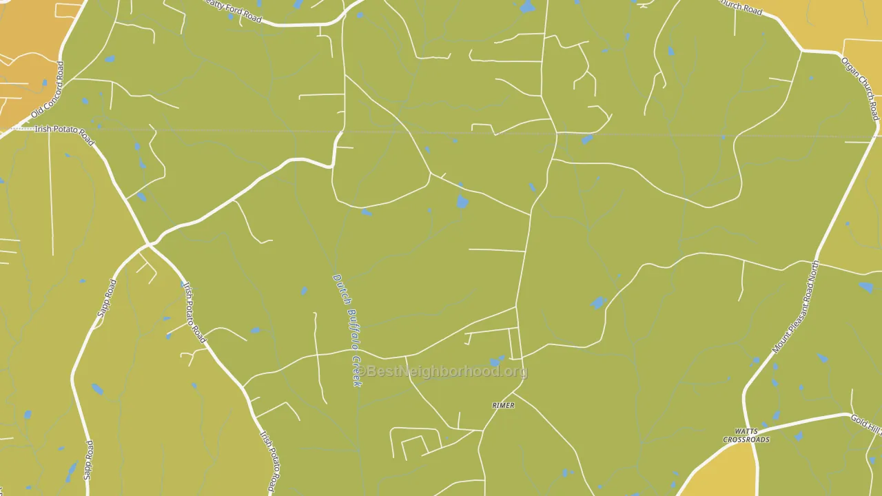 Map of the best neighborhoods in the Rimer area, with better matches in green and worse matches in red