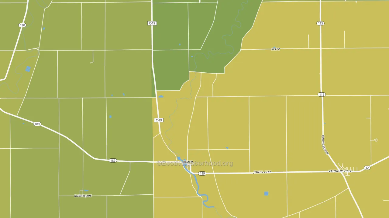 Map of the best neighborhoods in the Rimer area, with better matches in green and worse matches in red