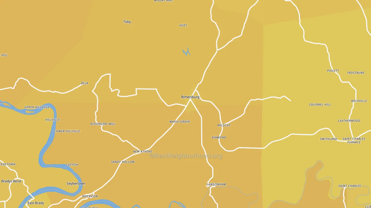 Map of the best neighborhoods in the Rimersburg area, with better matches in green and worse matches in red