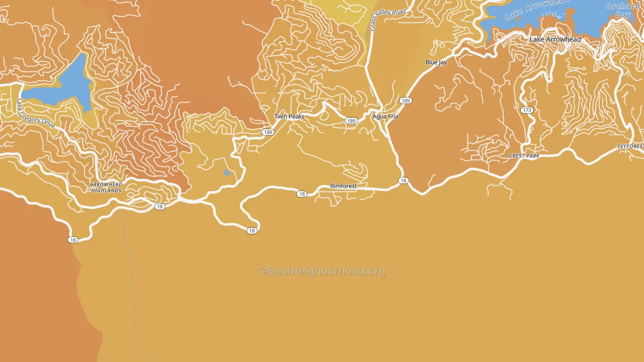 Map of the best neighborhoods in the Rimforest area, with better matches in green and worse matches in red