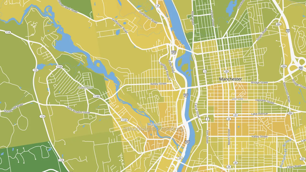 Map of the best neighborhoods in the Rimmon Heights, Manchester area, with better matches in green and worse matches in red