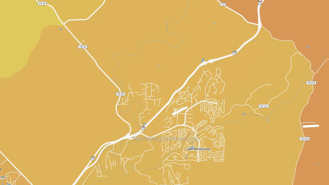Map of the best neighborhoods in the Rimrock area, with better matches in green and worse matches in red