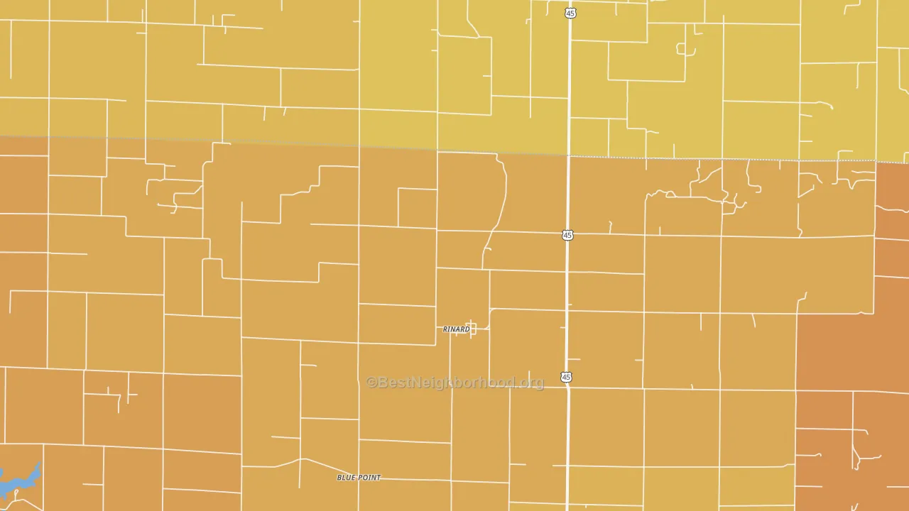 Map of the best neighborhoods in the Rinard area, with better matches in green and worse matches in red