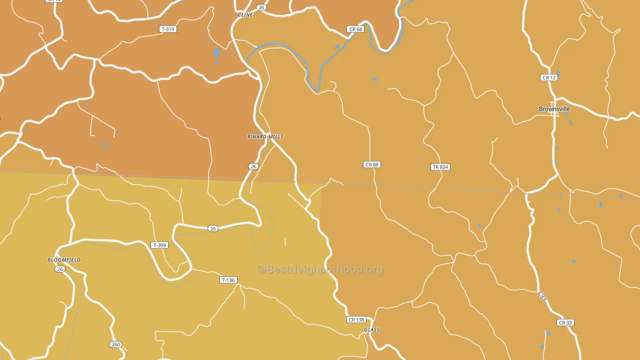 Map of the best neighborhoods in the Rinard Mills area, with better matches in green and worse matches in red