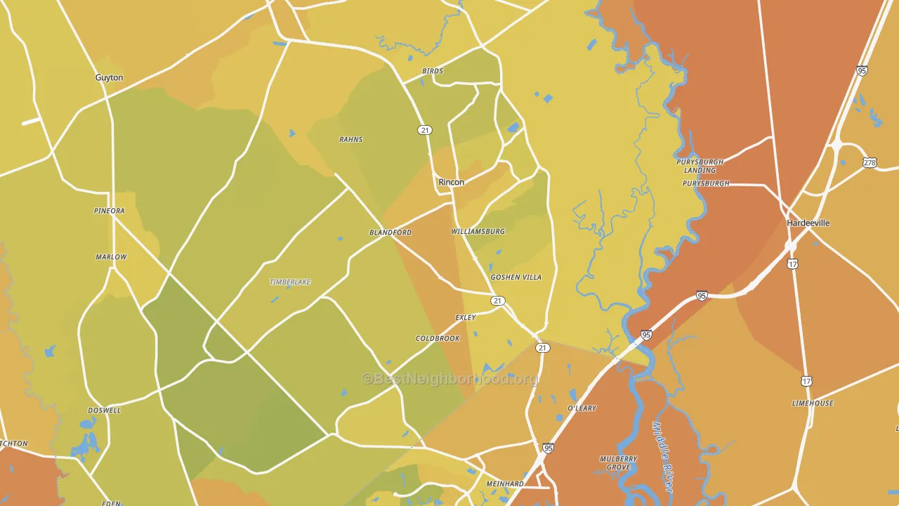 Map of the best neighborhoods in the Rincon area, with better matches in green and worse matches in red