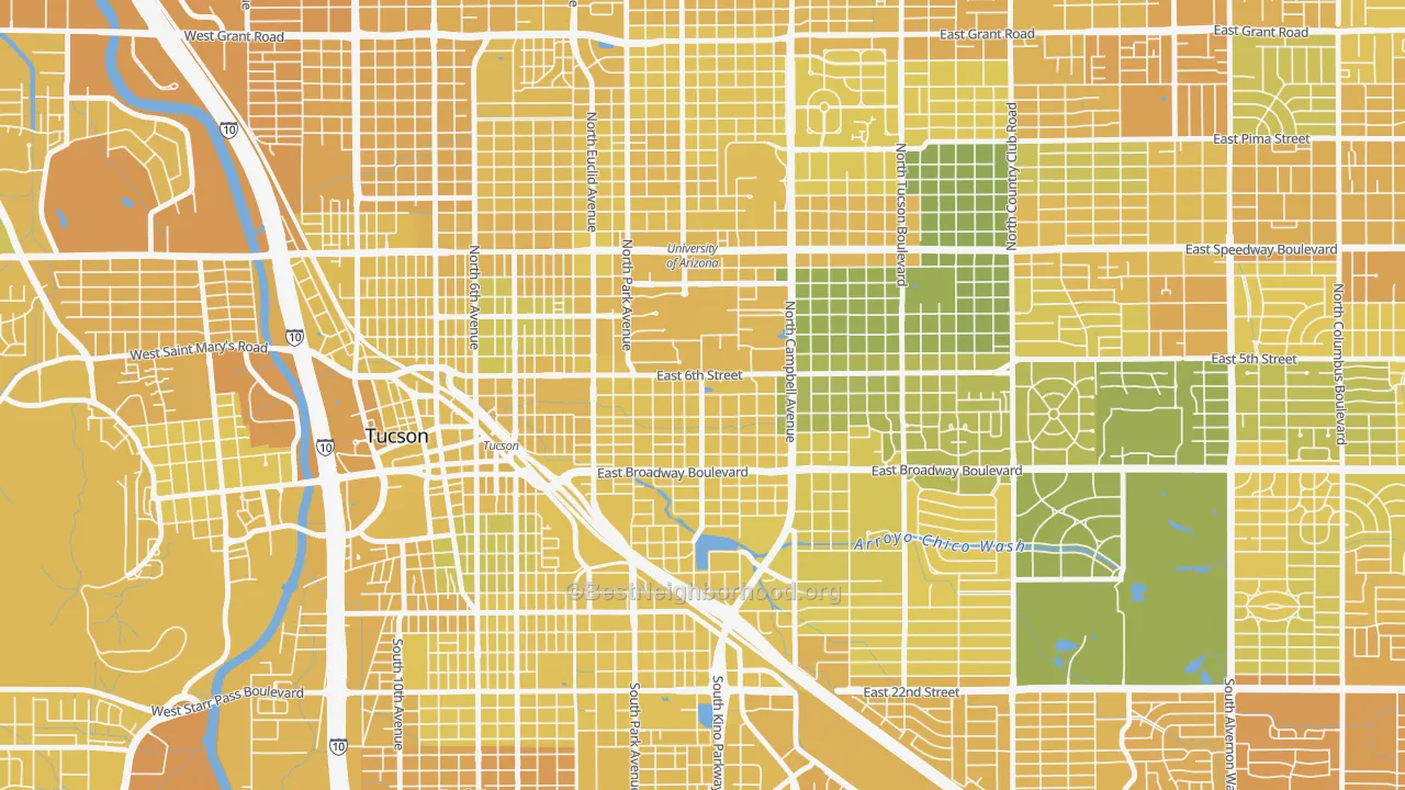 Map of the best neighborhoods in the Rincon Heights, Tucson area, with better matches in green and worse matches in red