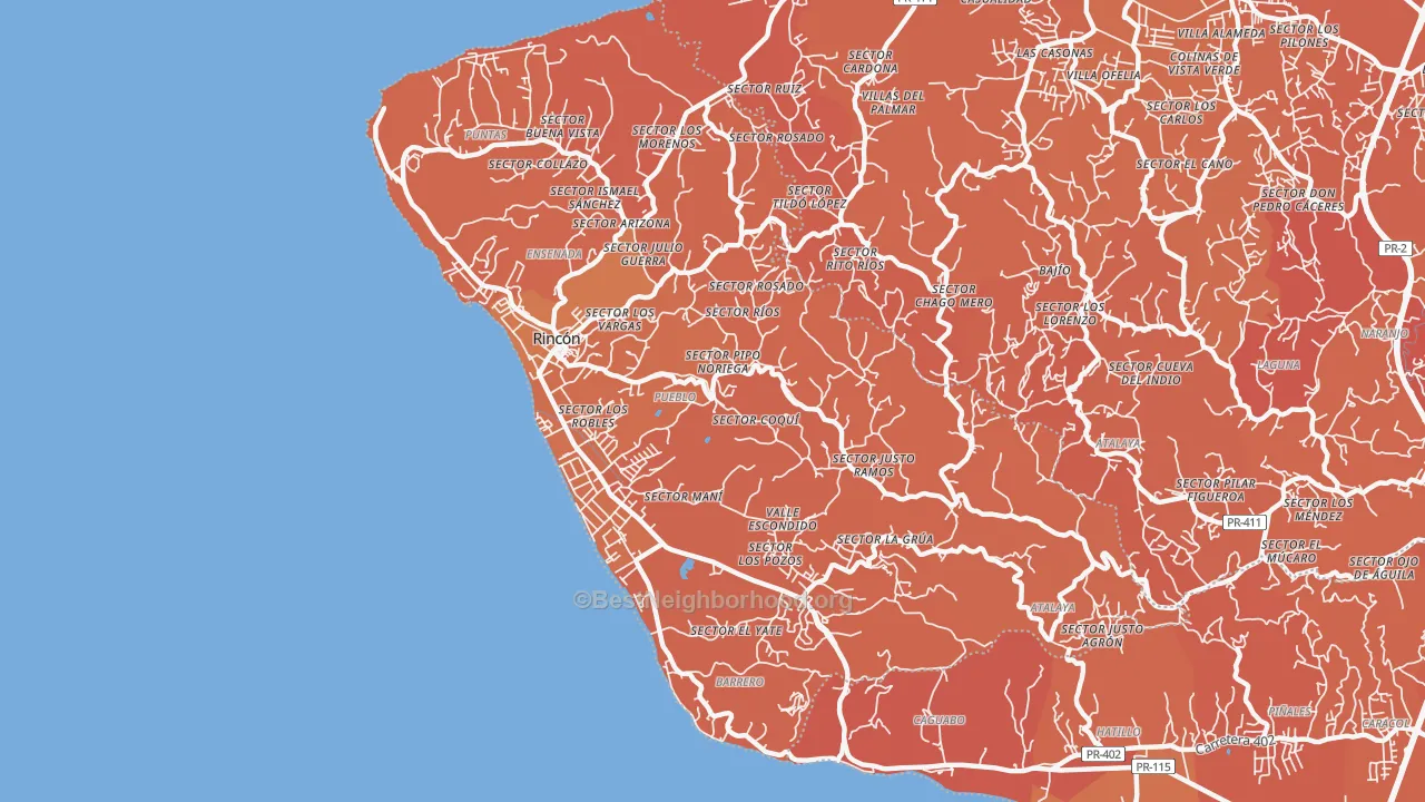 Map of the best neighborhoods in the Rincon Municipio area, with better matches in green and worse matches in red