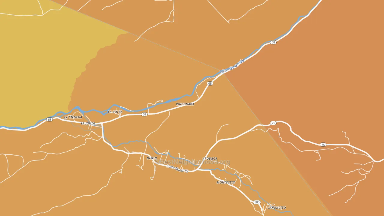 Map of the best neighborhoods in the Rinconada area, with better matches in green and worse matches in red