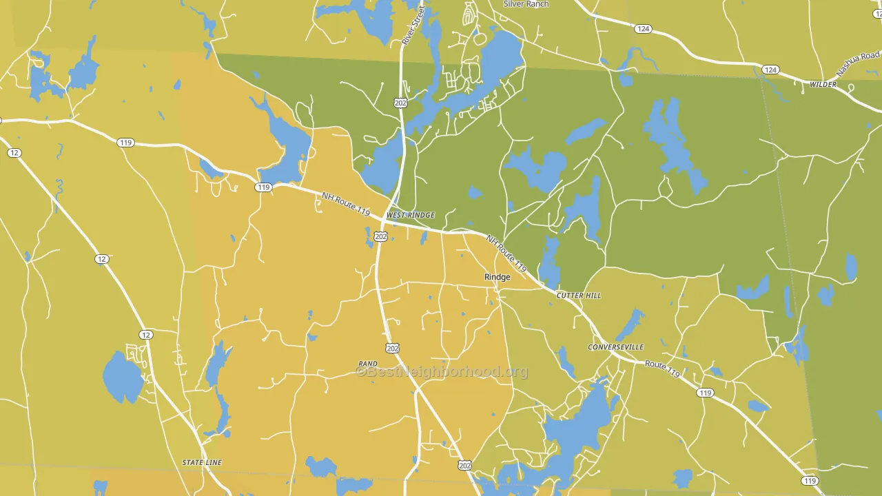 Map of the best neighborhoods in the Rindge area, with better matches in green and worse matches in red