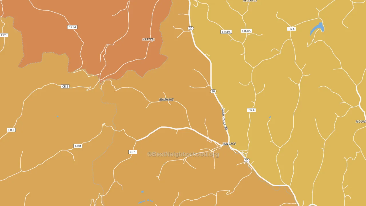 Map of the best neighborhoods in the Rinehart area, with better matches in green and worse matches in red
