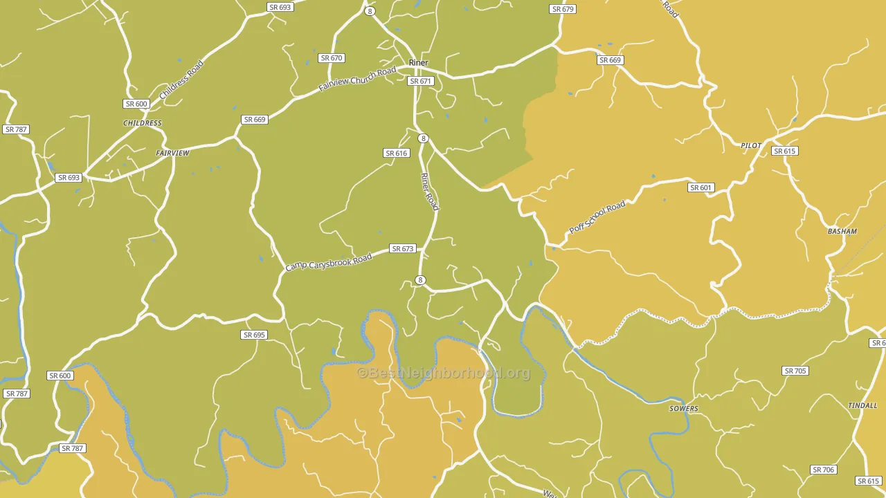 Map of the best neighborhoods in the Riner area, with better matches in green and worse matches in red