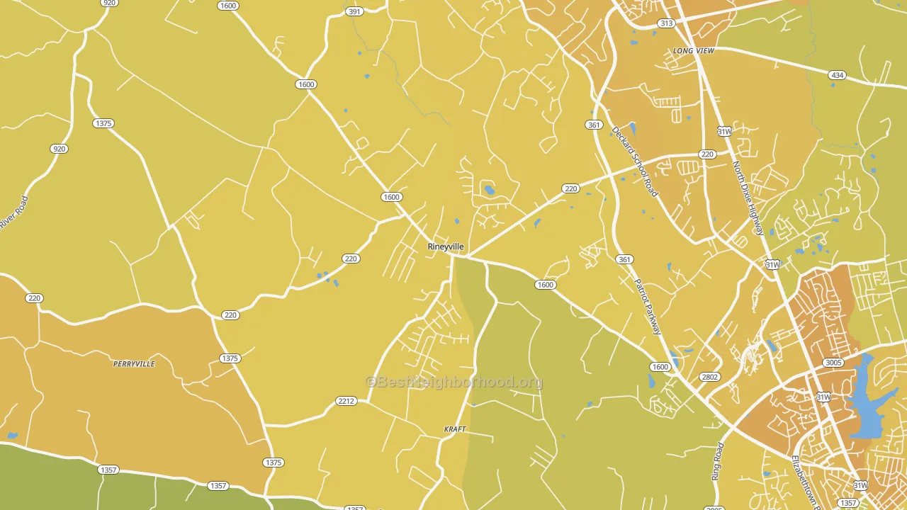 Map of the best neighborhoods in the Rineyville area, with better matches in green and worse matches in red