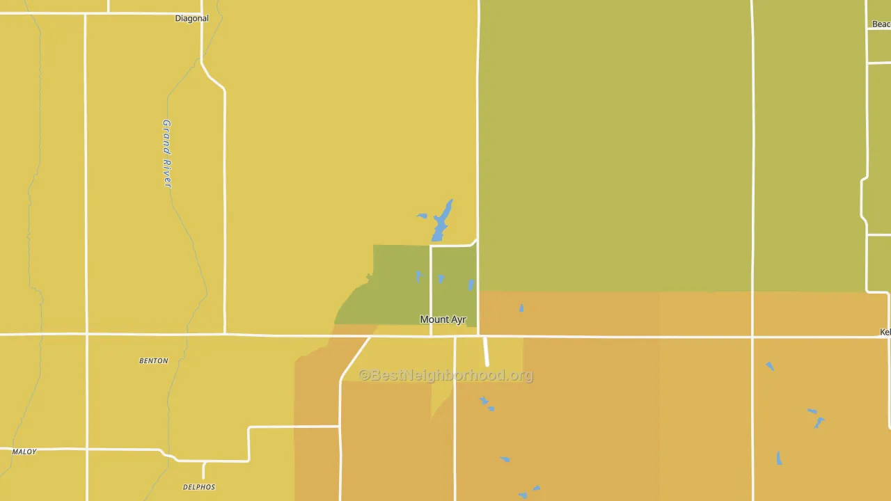 Map of the best neighborhoods in the Ringgold County area, with better matches in green and worse matches in red