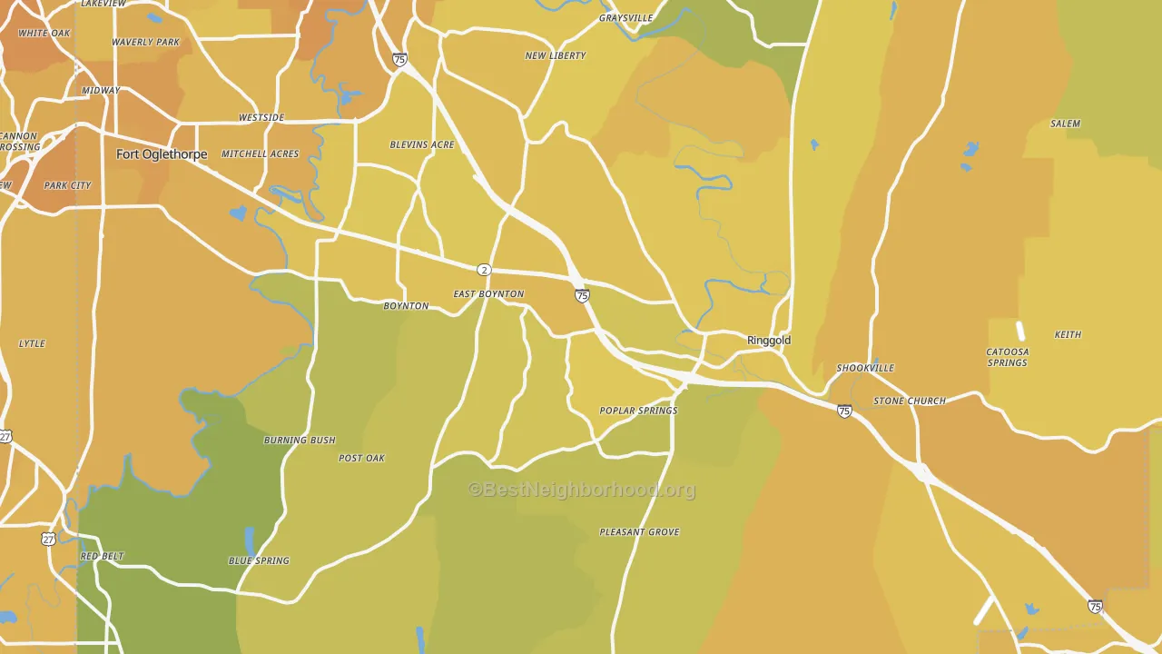 Map of the best neighborhoods in the Ringgold area, with better matches in green and worse matches in red