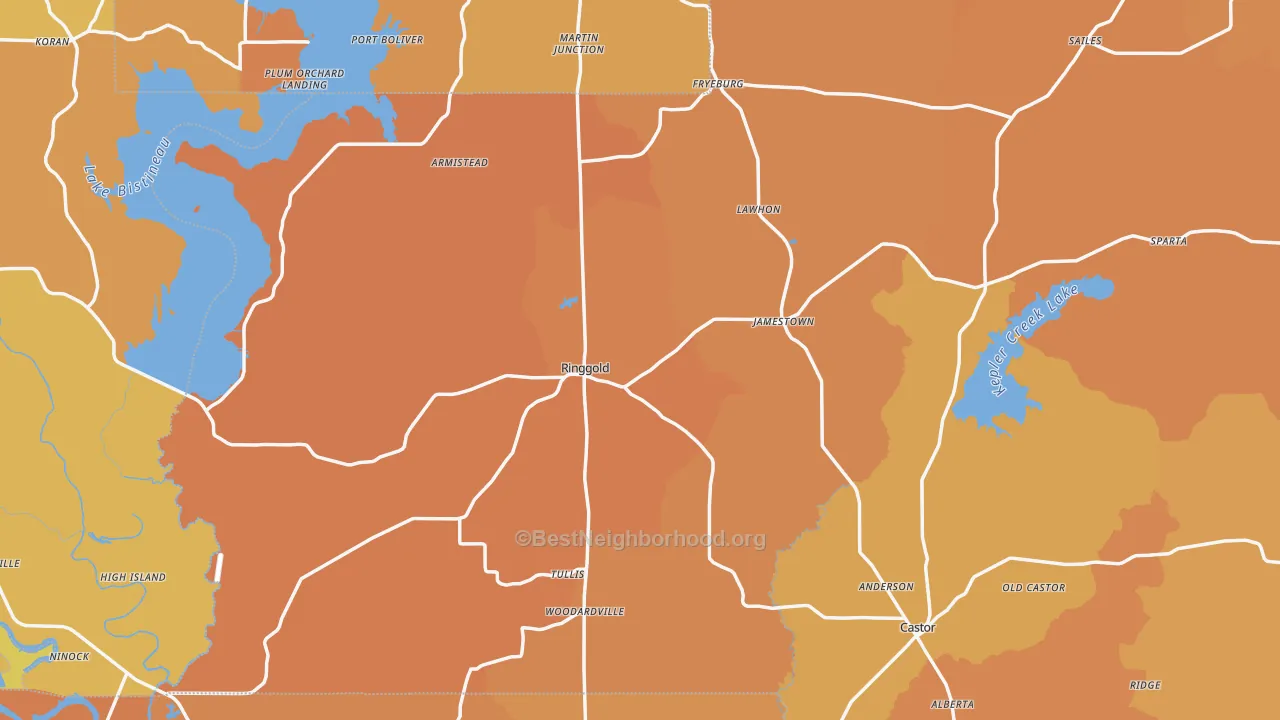 Map of the best neighborhoods in the Ringgold area, with better matches in green and worse matches in red