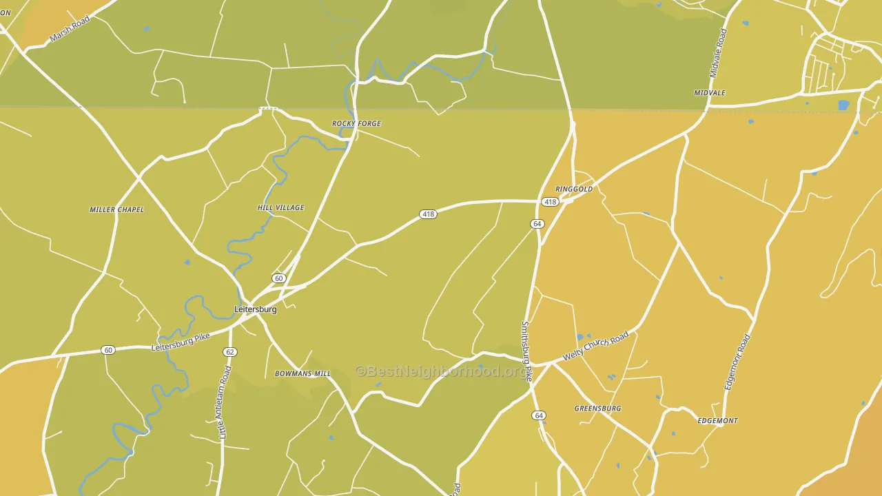 Map of the best neighborhoods in the Ringgold area, with better matches in green and worse matches in red