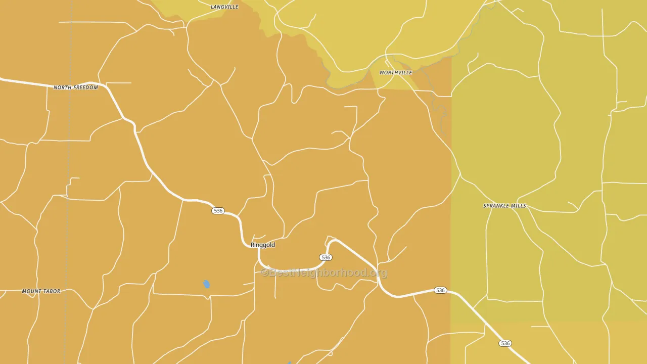 Map of the best neighborhoods in the Ringgold area, with better matches in green and worse matches in red